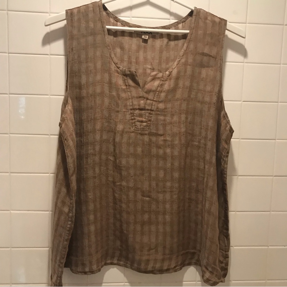 Flax 2G  Tank Top Brown Window Pane Design V-Neck With Inset Cross Over Placket